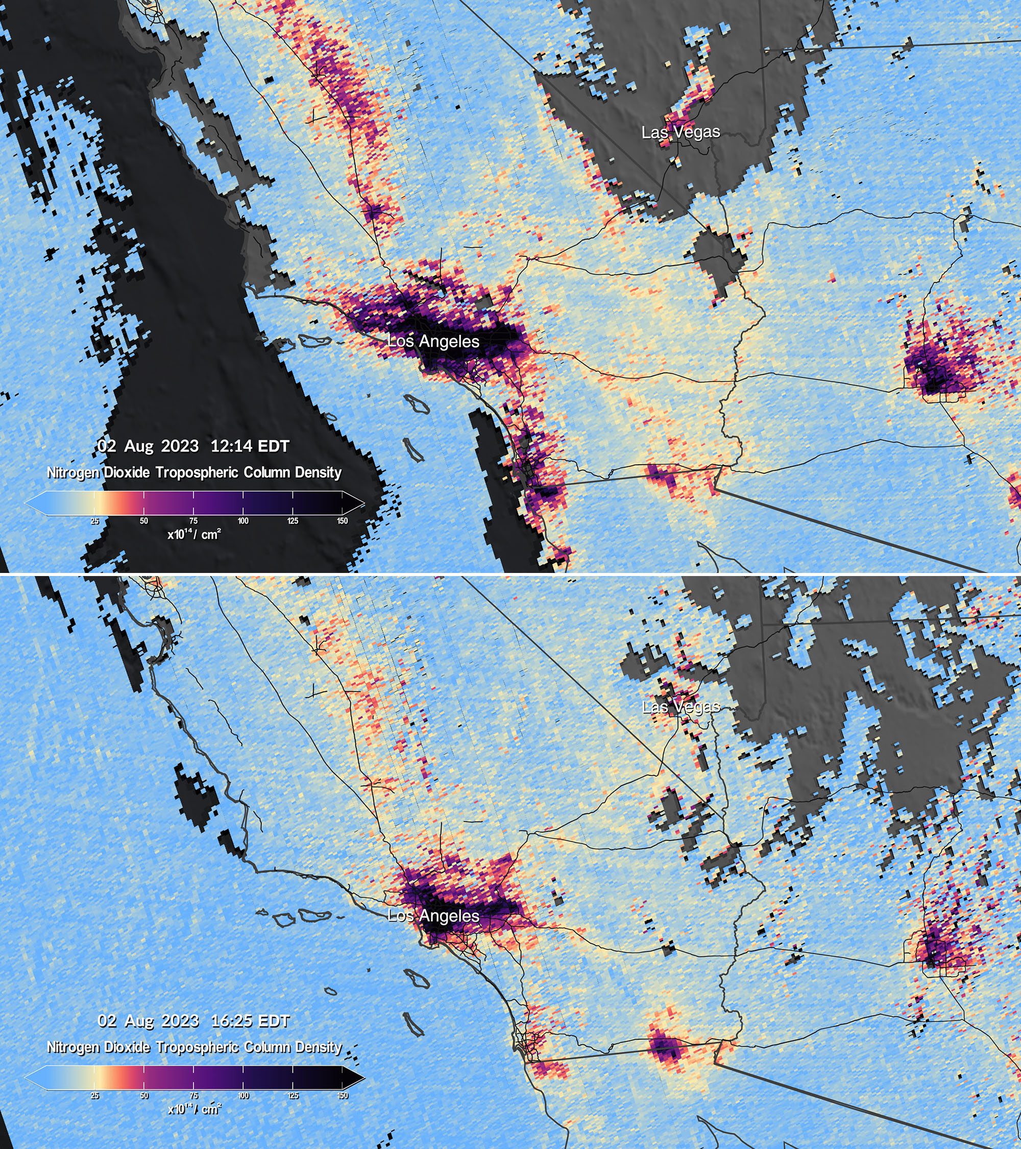 Two maps of Los Angeles several hours apart.