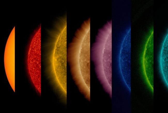 Multiple images of the sun taken in different types of light at the same time by the Solar Dynamics Observatory.