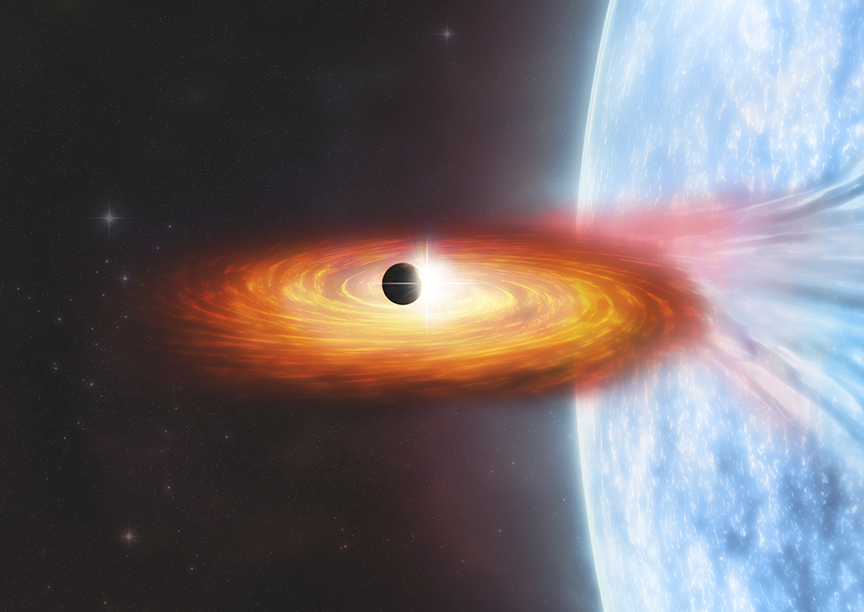 Illustration of a black planet surrounded by red streaks with Earth in the background.
