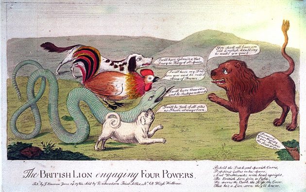 political cartoon showing animals interacting as stand ins for world powers