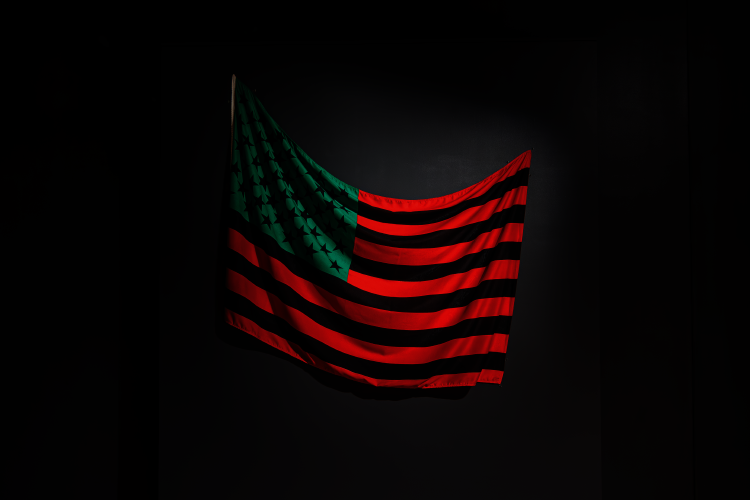 David Hammons, African-American Flag, 1990. Collection of the Smithsonian National Museum of African American History and Culture. Partial gift of Jan Christiaan Braun, who curated the groundbreaking exhibition Black USA, in Amsterdam in 1990, for which the African- American Flag was created. Museum purchase supported by The Ford Foundation and the Andrew W. Mellon Foundation, © David Hammons PHOTO Josh Weilepp/NMAAHC