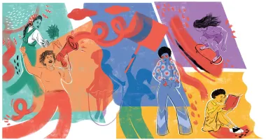 colorful illustration of females reading, skateboarding, gardening, and protesting