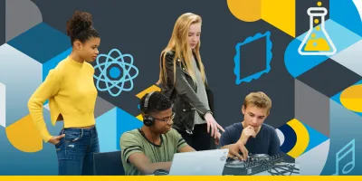 A group of students look at a laptop, with square graphic elements in the background.