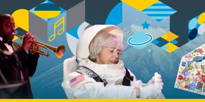 Banner Graphic: Photos of a jazz musician playing the trumpet, woman in a spacesuit, envelope artwork, and pagoda.