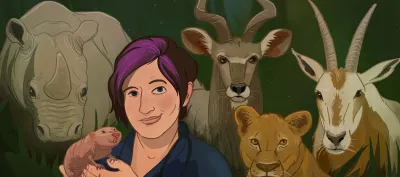 Illustration of Kali Holder with purple hair surrounded by profiles of animals. 
