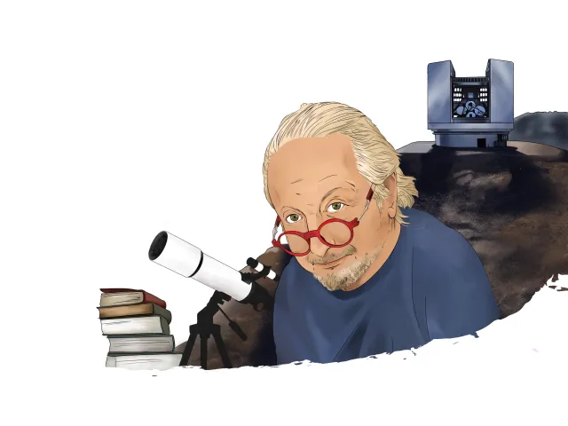 Illustration of John C. Ryan in front of telescopes