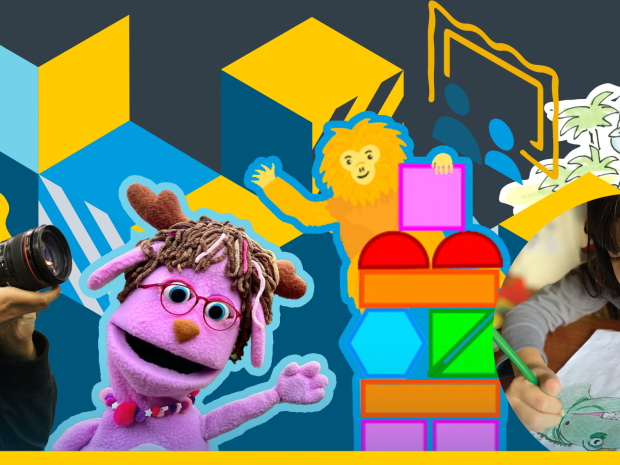 A photo collage with images including a t-rex skull, teen photographer, golden tamir illustration, and astronaut suit. 