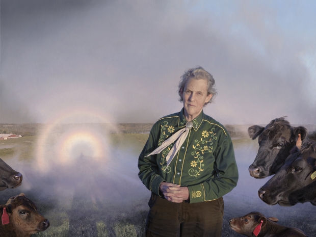 Painting of a woman standing in front of water with cows against country landscape