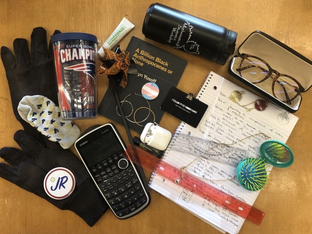 A variety of objects left in the lost and found. 