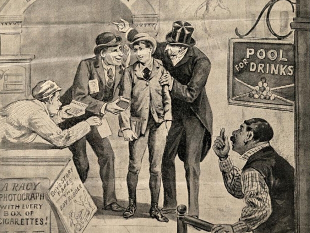 magazine page showing young boy surrounded by men offering various temptations by a pool hall.