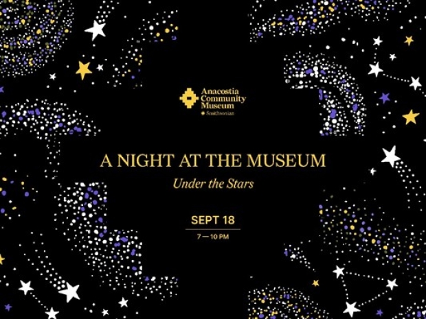 A graphic with black background, white dots and stars and yellow text.