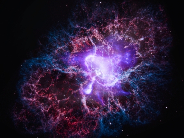 This composite image features the remnant of a supernova explosion, which resembles a neon purple mushroom.