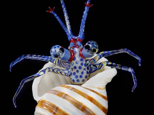Glass sculpture of a blue hermit crab emerging from a brown and white striped shell.
