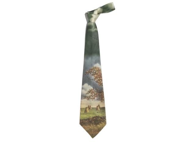 Necktie with a landscape of haystacks during sunset