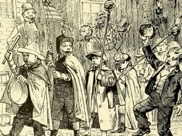 Adults encourage some very partisan children to don uniforms