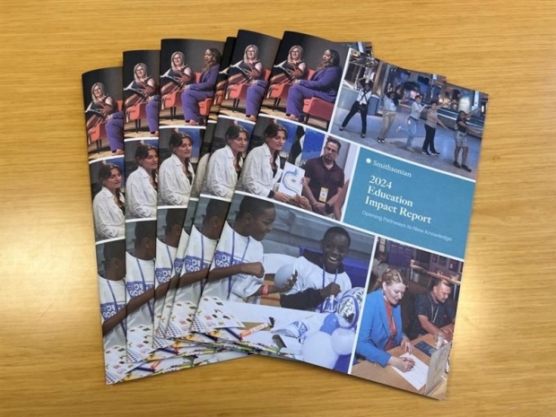 Front cover of the 2024 Education Impact Report with teal hues and a collage of photographs of museum visitors.