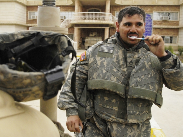 soldier brushing teeth