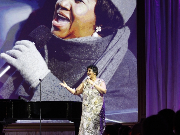 Franklin with Inauguration performance on screen