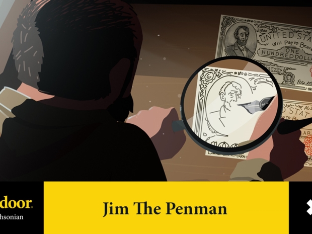 Graphic showing a man painting a counterfeit bill of money with logos and text along bottom.