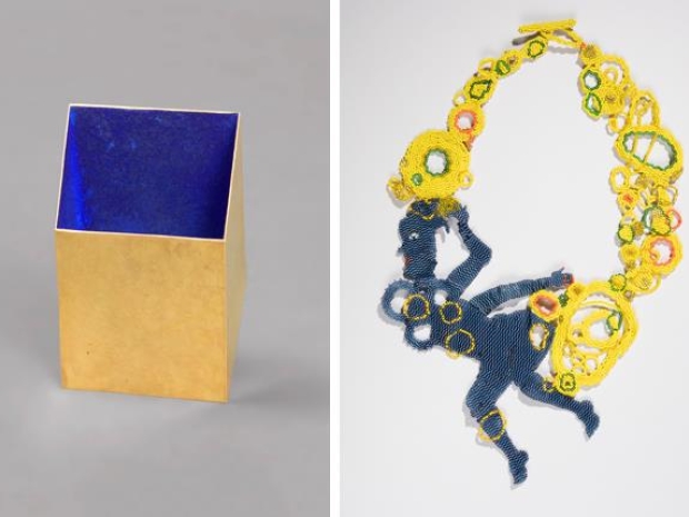 Side by side photos of avant-garde jewelry