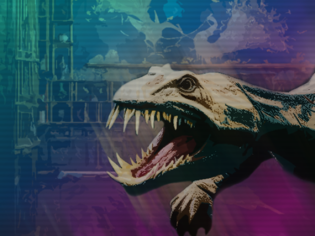 dinosaur head illustrated with sharp teeth.