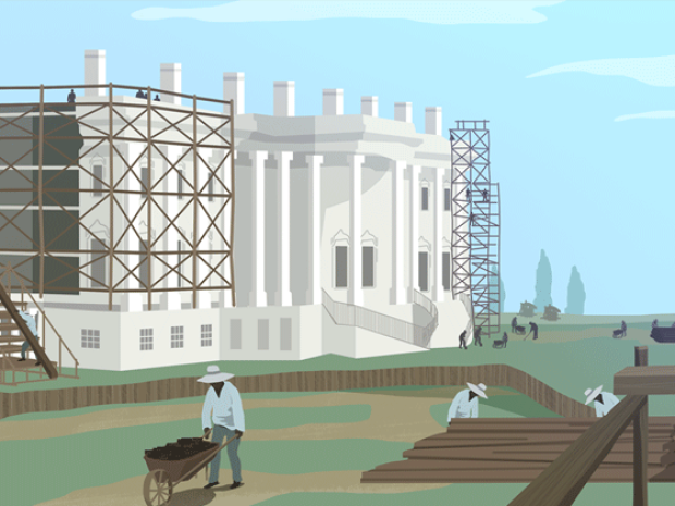illustration of the White House shown with enslaved construction workers