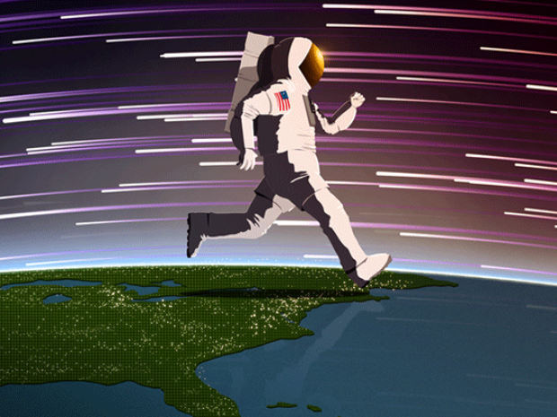 Illustration showing an oversize astronaut running over North America on a curved Earth.