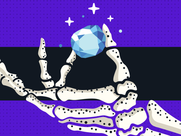 Illustration of a skeleton hand holding a sparkling blue diamond.
