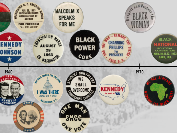 an assortment of political pushpin buttons along a timeline