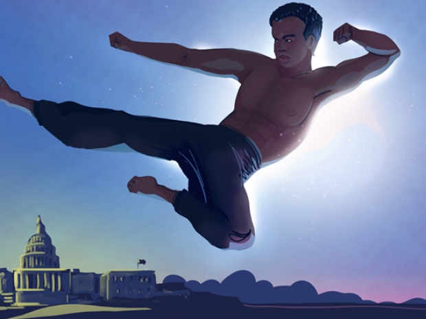 Illustration of a silhouette of a person doing a Taekwondo move over the U.S. Capitol. 
