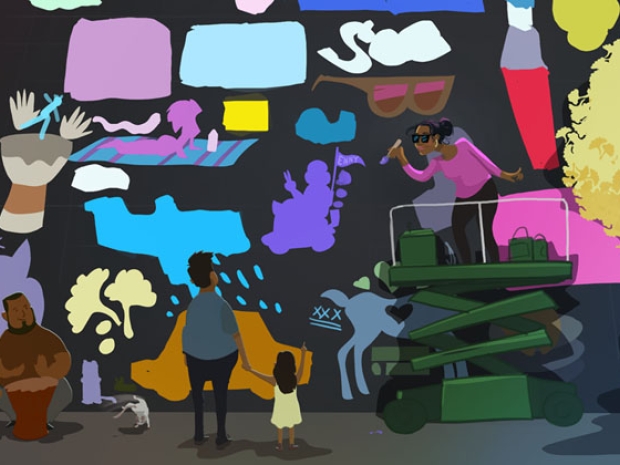 Illustration of a woman drawing scenes on a wall. 