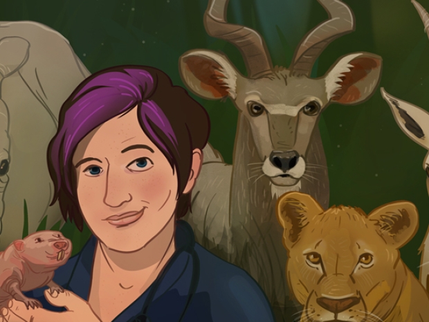 Illustration of Kali Holder with purple hair surrounded by profiles of animals. 