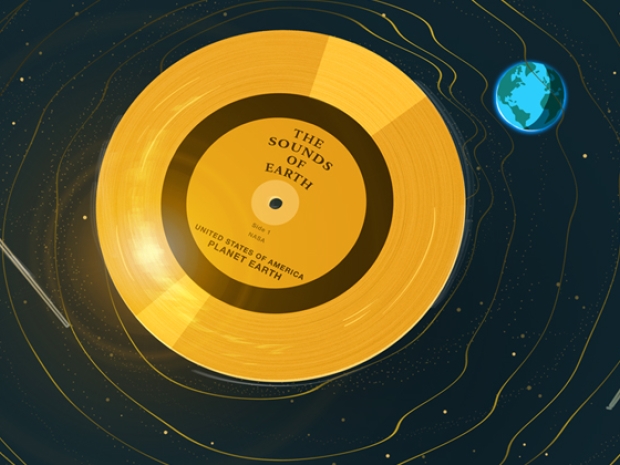 Illustration of a golden record that with orbiting satellites and Earth. 