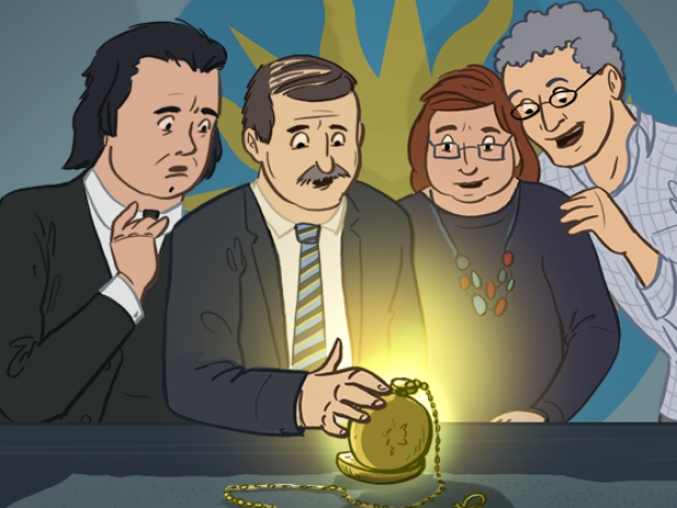 Illustration of a group of people staring in awe done at a golden pocket watch.