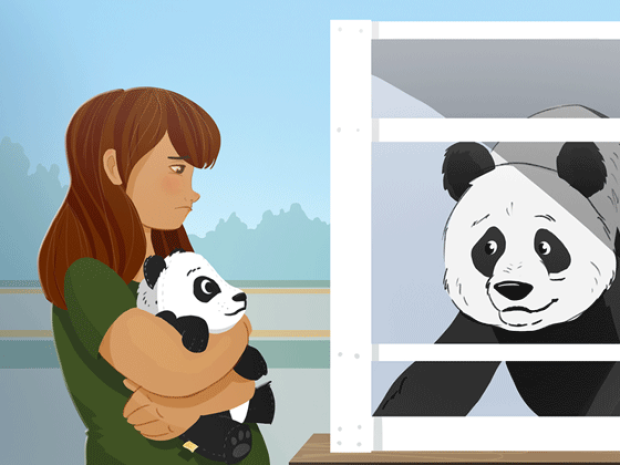 Illustration of a young girl holding a panda doll and looking sad while saying goodbye to a live panda.