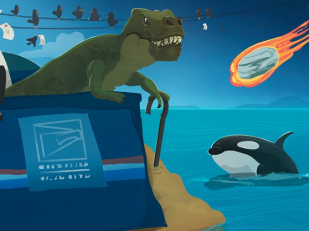 Illustration of several different animals and people climbing out of a mail bag.