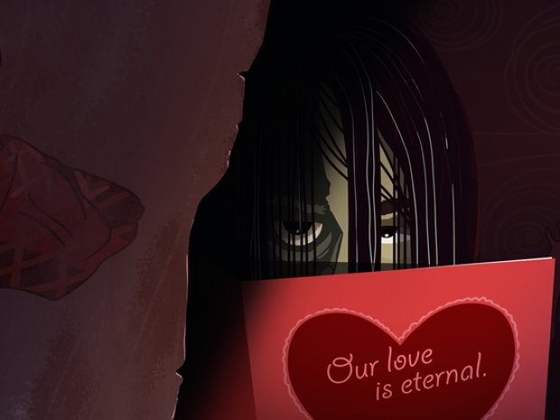 Spooky ilustration of a long-haired, dark figure behind a valentine.