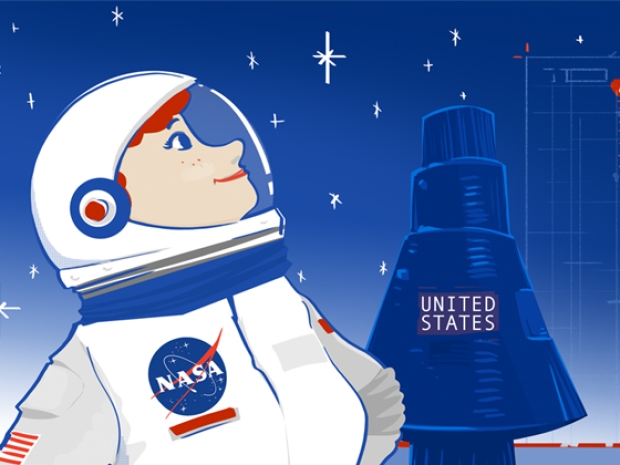 Illustration of a female astronaut standing proudly next to a rocket that says "United States."