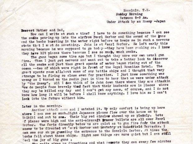 Letter by Beth Slingerland on Dec. 7, 1941 with eyewitness account of attack on Pearl Harbor.