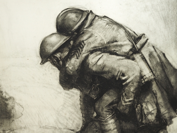 Pencil drawing of one soldier carrying another