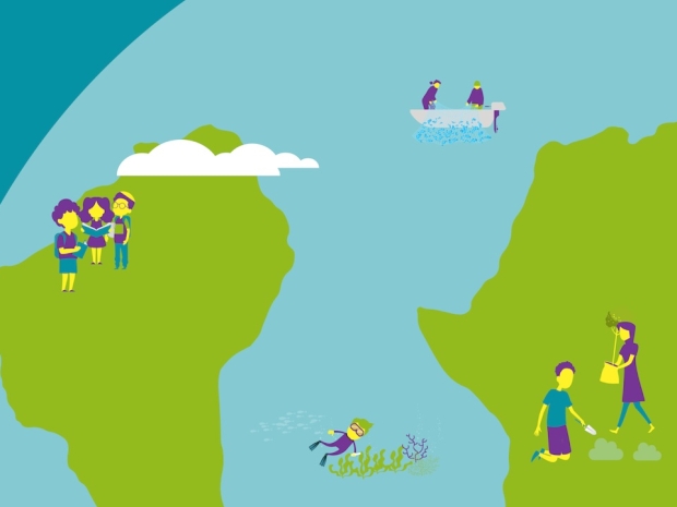 An illustration of a flat globe with small human figures taking conservation actions. 