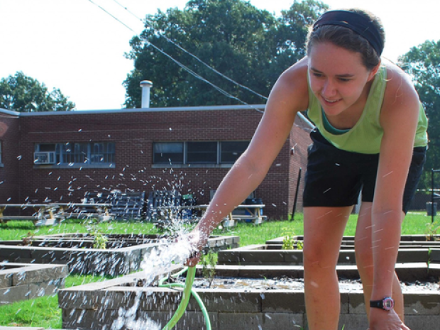 Photograph: A student waters plants in a community garden.