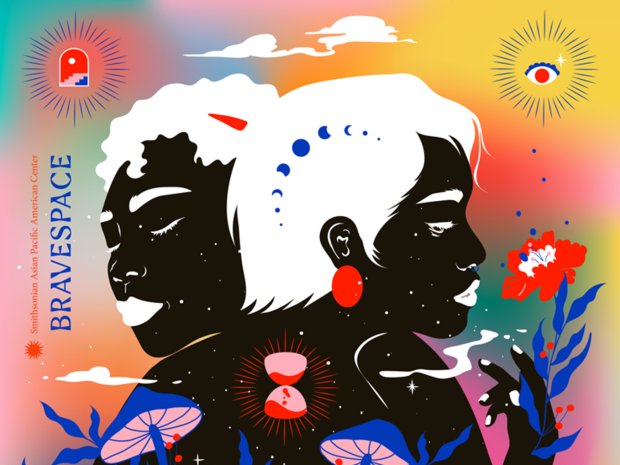 Illustration of two figures surrounded by colorful gradients and flora