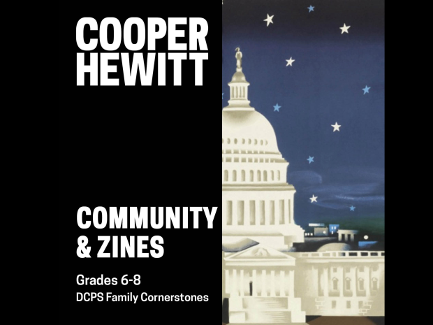 Illustration of the US Capitol building, with "Community and Zines" text.