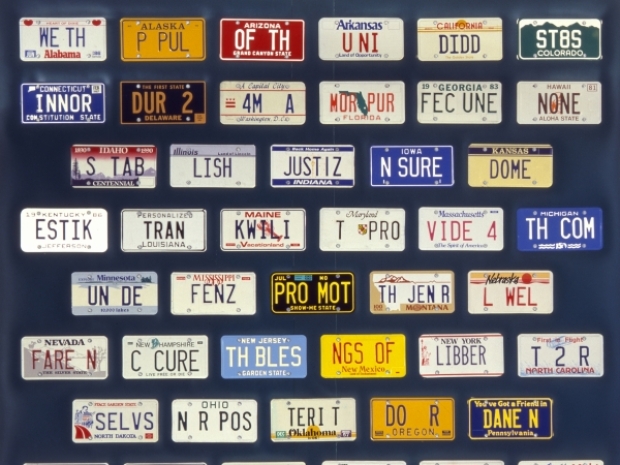 A display of various state license plates.