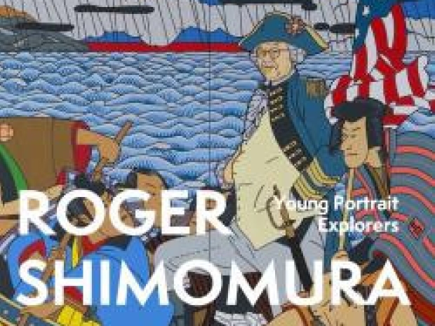 A graphic print featuring a cartoonish self-portrait of Roger Shimomura as George Washington crossing the Delaware.