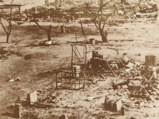ruins of Greenwood District looking flattened.