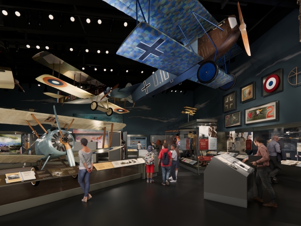 Digital rendering of a museum gallery with multiple interactive panels and planes suspended above. 