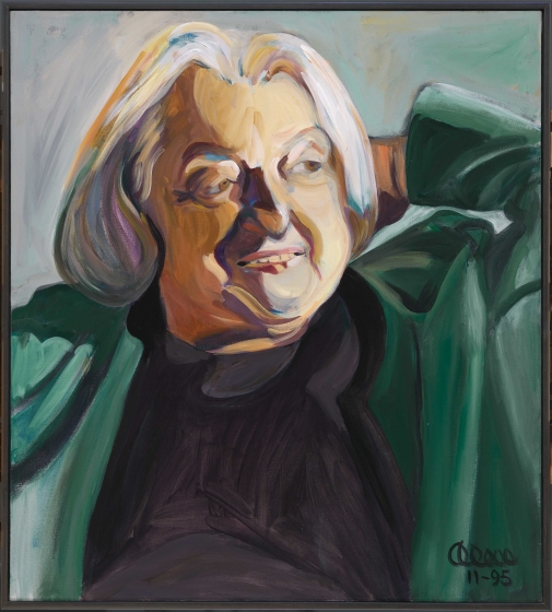 Painting of Betty Friedan. She is resting her arms behind her head.
