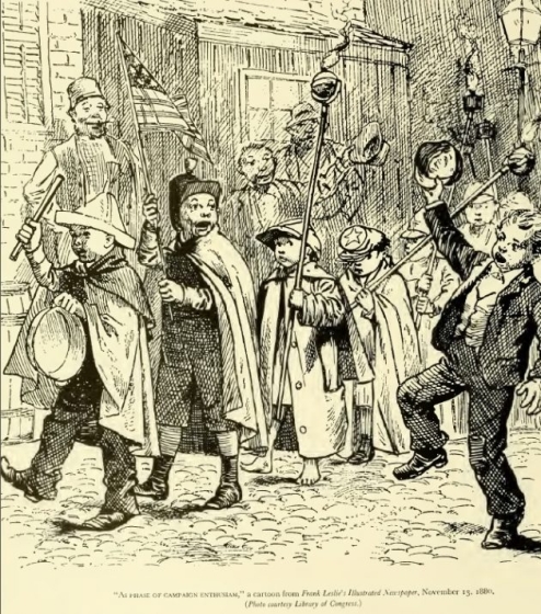 Adults encourage some very partisan children to don uniforms